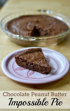 a piece of chocolate peanut butter impossible pie on a plate next to a pie pan