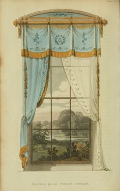 a drawing of a window with blue curtains