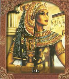 an egyptian woman in gold and black with her head turned to the side, holding a book