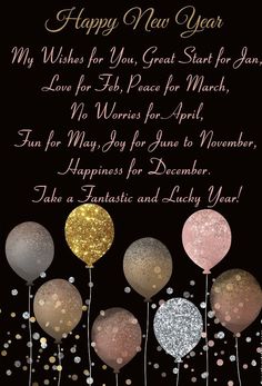 a happy new year card with balloons and confetti