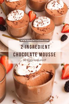 chocolate mousse with whipped cream and fresh strawberries on the side, in small cups