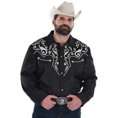 Dress up in your finest for the Halloween costume contest or western-themed party! This long-sleeve shirt for adults makes you look like a true cowboy. The shirt is black with white embroidery-look printed details on the collar shirt body and sleeves. To finish the authentic styling the shirt closes with pearl-look snaps. pbBlack Western Plus Size Cowboy Shirt product details:-b-p ul liSlim-fit cut-li liPrinted embroidery-look details-li liFaux pearl front snaps-li li100% polyester exclusive of decoration-li liDoes not include hat belt pants or boots-li liReview size chart for sizing information-li -ul pbCare Instructions:-b-p ul liHand wash cold with like colors-li liLine dry-li liDo not bleach or iron-li -ul Fitted Long Sleeve Shirt For Western-themed Events, Long Sleeve Tops For Rodeo In Winter, Fitted Western Tops For Winter, Fitted Western Style Tops For Winter, Western Black Shirt For Ranch, Western Style Black Shirt For Ranch, Western Style Black Long Sleeve Tops, Black Long Sleeve Western Shirt, Black Western-style Shirt For Western-themed Events