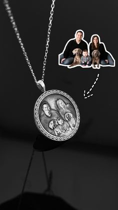 Family Photo Necklace | Custom Engraved Silver Necklace | Customizable Oval Pendant | Meaningful Gift for Loved Ones | Handcrafted Keepsake FAMILY PHOTO NECKLACE Capture the warmth of your cherished memories with this custom engraved silver necklace. Featuring a beautifully detailed family portrait, this piece is more than just jewelry--it's a heartfelt keepsake. Crafted with precision, the pendant immortalizes a special moment, making it an ideal gift for anniversaries, birthdays, or any occasi Etched Necklace For Mother's Day, Etched Necklace For Mother's Day Gift, Mother's Day Gift Etched Necklace, Customized Silver Jewelry For Keepsake, Father's Day Engraved Keepsake Jewelry, Father's Day Keepsake Engraved Jewelry, Handmade Necklace For Father's Day Personalized Gift, Gift Medallion Necklace With Etched Details, Handmade Necklace For Father's Day