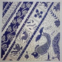 blue and white paper with designs on it