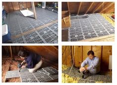 four pictures showing the process of installing flooring