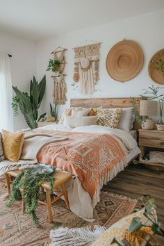 a bedroom decorated with plants and wicker baskets