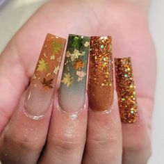 Fall Nails Encapsulated, Fall Encapsulated Nails, Acrylic Fall Nails, 2023 Nail, Encapsulated Nails, Green Acrylic Nails, Nail Place, Confetti Nails, Glitter Nails Acrylic