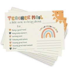 four postcards with the words teacher mail written in rainbows and hearts on them