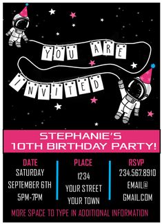 an astronaut birthday party flyer with space shuttles and stars on the background, in pink and black