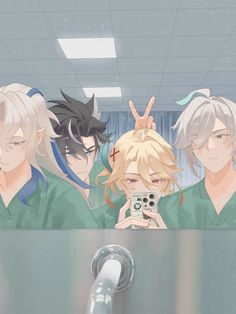 three anime characters are taking a selfie with their cell phone in front of them