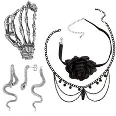 PRICES MAY VARY. 【4 PCS GOTHIC ACCESSORIES】You’ll get 1 x silver snake gothic earrings, 1 x black gothic necklace, 1 x black rose gothic choker, 1 x metal skull hair claw clips. Be brave and express yourself 【NECKLACES IN TWO STYLES】Gothic jewelry choker and necklace are made of different materials. Gothic accessories for women can be worn together or separately, easy to match 【SILVER SNAKE GOTHIC EARRINGS】Vintage gothic punk snake design, classic and simple. Realistic vision, polished surface, Halloween Gothic Costume, Gothic Costume, Gothic Choker, Goth Accessories, Halloween Retro, Gothic Chokers, Metal Skull, Halloween Gothic, Costume Parties