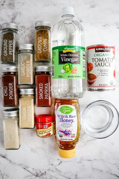 spices and seasonings on a marble counter top