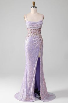 Zapakasa Women Orange Prom Dress with Corset Satin Spaghetti Straps Evening Party Dress with Slit Chrome Prom Dress, Light Purple Prom Dress Lavender, Prom Dresses Light Purple, Pale Purple Dress, Violet Prom Dresses, Prom Dress With Corset, Light Purple Prom Dress, Iridescent Prom Dress, Orange Prom Dress