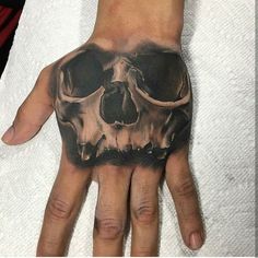 a man's hand with a skull tattooed on it