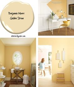 four different rooms with yellow walls and white furniture, including a dining room table, bathroom sink, and bedroom