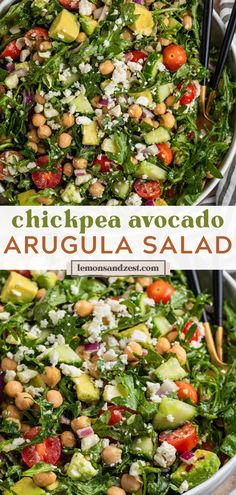 a salad with chickpea avocado, cucumber and tomatoes in it