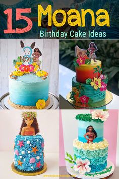 the birthday cake is decorated in different colors and designs, with moan decorations on top