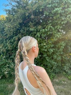 Pigtails Braids Summer Hairstyles Two Pigtails With Braids, Fun Braids Hairstyles, Thick Pigtail Braids, Pigtail Hairstyles Volleyball, Braided Hair Pigtails, Pigtail Plaits Hairstyles, Hair Braids Pigtails, Sport Pigtails, Pigtails With Two Braids