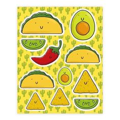 a sticker sheet with different types of fruit and vegetables on it, including an avocado