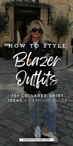 Wondering how to style a blazer with a collared shirt? This women’s style guide gives you tips on creating a sharp, chic look that’s perfect for work or a night out. Nail that sophisticated vibe effortlessly! T Shirt With Blazer Outfit Women, Classy Chic