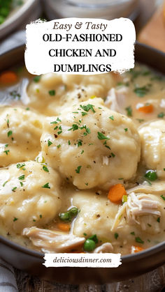 a bowl filled with chicken and dumplings on top of a table