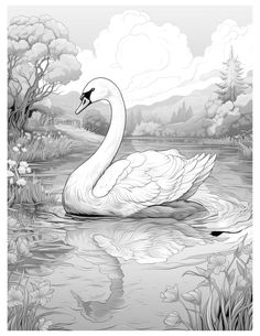 a black and white drawing of a swan swimming in the water with trees behind it