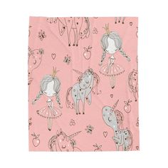 a pink blanket with unicorns and horses on it