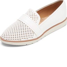 Rockport Women's Stacie Perf Loafer Spring Slip-on Synthetic Loafers, Spring Synthetic Slip-on Loafers, White Slip-on Loafers With Perforated Toe Box, Spring Synthetic Flat Heel Moccasins, Spring Synthetic Flats With Perforations, White Synthetic Loafers With Rubber Sole, White Slip-on Moccasins For Spring, White Slip-on Flats With Perforated Toe Box, White Low-top Synthetic Loafers