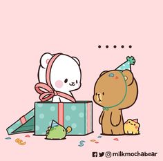 a cartoon bear is opening a gift box with a party hat on it's head