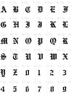 an old english alphabet with the letters and numbers in each letter, including one for each letter