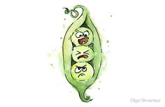 three peas with faces drawn on them in the shape of an eggplant, watercolor