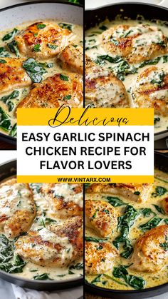 chicken recipe with spinach and cheese in a skillet