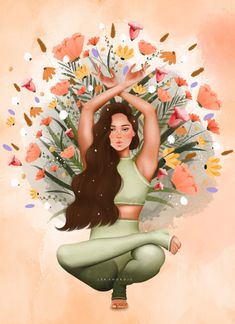 a woman is doing yoga in front of flowers and butterflies with her hands up to the side