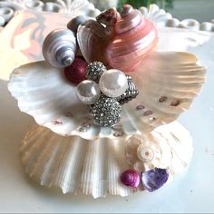 an assortment of seashells and pearls on a table