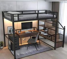 a loft bed with desk underneath it