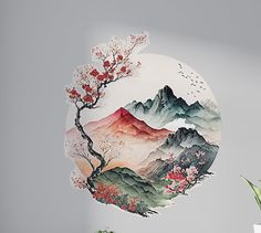 a wall mural with mountains and trees painted on it