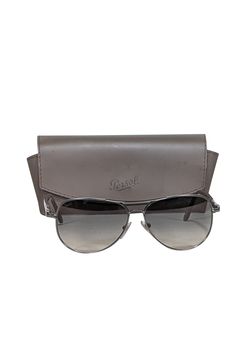 Current Boutique-Persol - Grey Gunmetal Aviator Sunglasses Summer Travel Aviator Sunglasses, Summer Aviator Sunglasses With Metal Frame For Outdoor, Summer Travel Sunglasses With Metal Frame, Casual Silver Aviator Sunglasses With Tinted Lenses, Silver Aviator Sunglasses For Summer, Casual Silver Aviator Sunglasses With Uva Protection, Silver Polarized Aviator Sunglasses For Summer, Casual Silver Tinted Aviator Sunglasses, Classic Silver Aviator Sunglasses For Outdoor