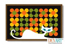 a white cat sitting in front of an art piece with orange and green circles on it