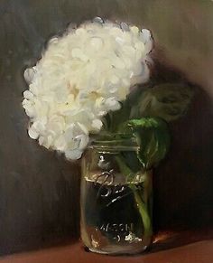 a painting of white flowers in a mason jar