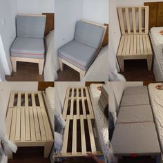 there are four pictures of the same bed with mattresses on each side and two chairs in different positions