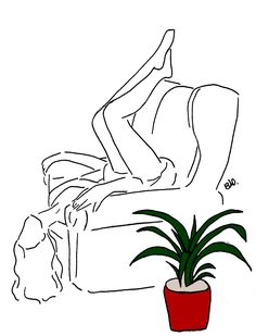 a drawing of a woman laying on a couch next to a potted plant