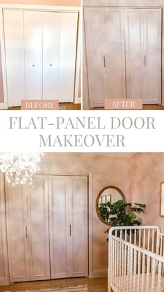 the before and after shots of a closet makeover with white paint, wood floors and pink walls