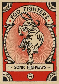 a red and black postcard with a tiger on it's back side, says foo fighters sonic highways