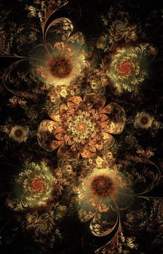 an abstract design with many different colors and shapes on the image, as well as flowers