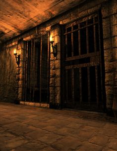 an old jail cell with bars on the doors and lights hanging from the ceiling, in a dimly lit room