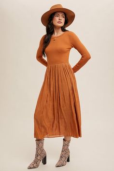 Knit contrast long sleeve pleated dress in pumpkin spice-NEW – JanieLanie Casual Midi Dress With Elastic Waistband For Fall, Fall Midi Dress With Long Sleeves And Pleated Hem, Fall Long Sleeve Midi Dress With Pleated Hem, Fall Long Sleeve Midi Dress With Pleated Waist, Long Sleeve Midi Dress With Pleated Waist For Fall, Modest Pleated Midi Dress, Casual Pleated Midi Dress For Fall, Casual Fall Dresses With Pleated Skirt, Casual Fall Midi Dress With Pleated Waist