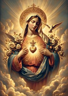 the immaculate mary holding a heart in her hands with doves around her and clouds behind it