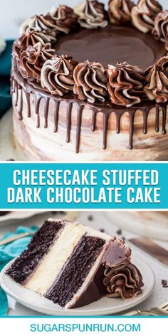 a chocolate cake on a white plate with the words cheesecake stuffed dark chocolate cake