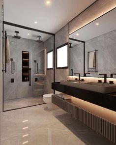 a modern bathroom with two sinks and mirrors