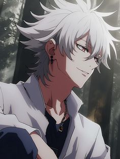 an anime character with white hair in the woods